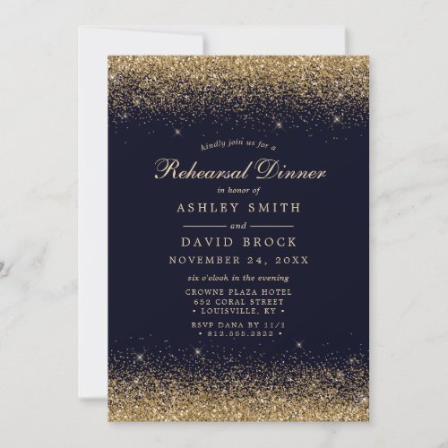 Gold Confetti Navy Blue Modern Rehearsal Invitation