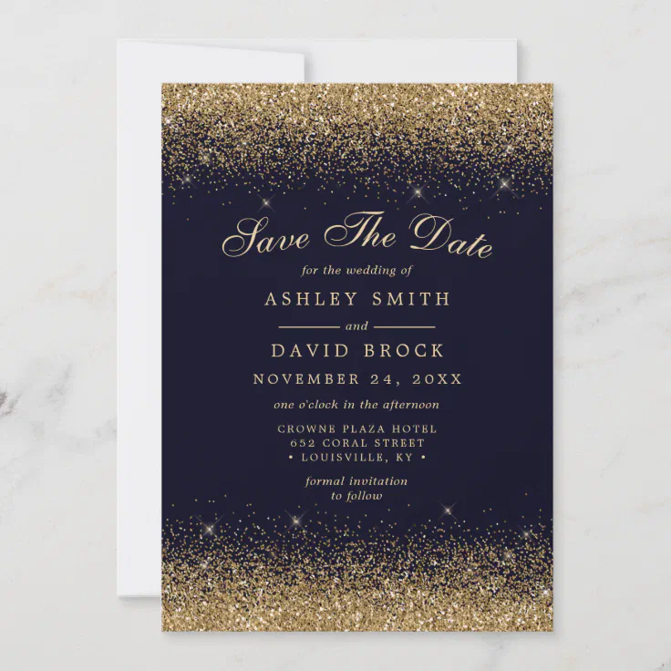 Gold Confetti Navy Blue Modern Save The Date | Zazzle