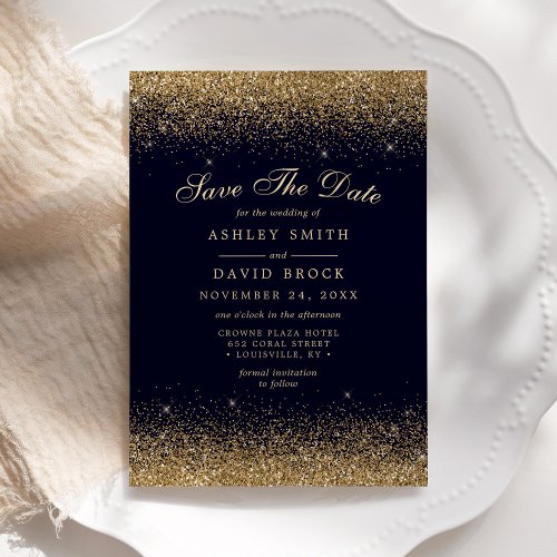 Gold Confetti Navy Blue Modern Save The Date