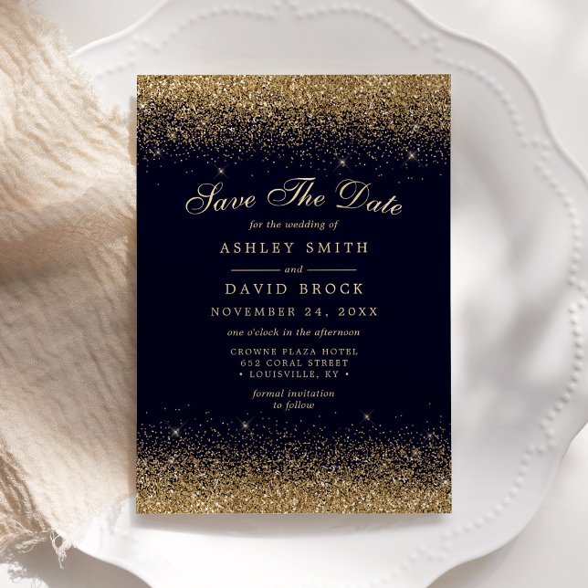 Gold Confetti Navy Blue Modern Save The Date (Creator Uploaded)
