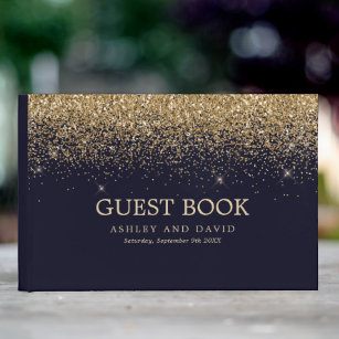 Gold Confetti Navy Blue Modern Wedding Guest Book
