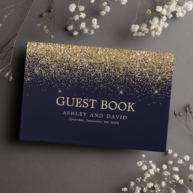 Gold Confetti Navy Blue Modern Wedding Guest Book (Creator Uploaded)
