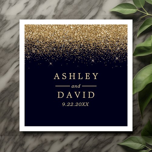 Gold Confetti Navy Blue Modern Wedding Napkins