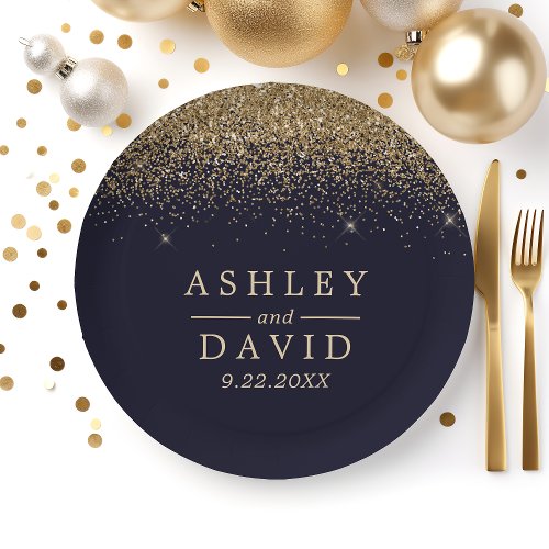 Gold Confetti Navy Blue Modern Wedding Paper Plates