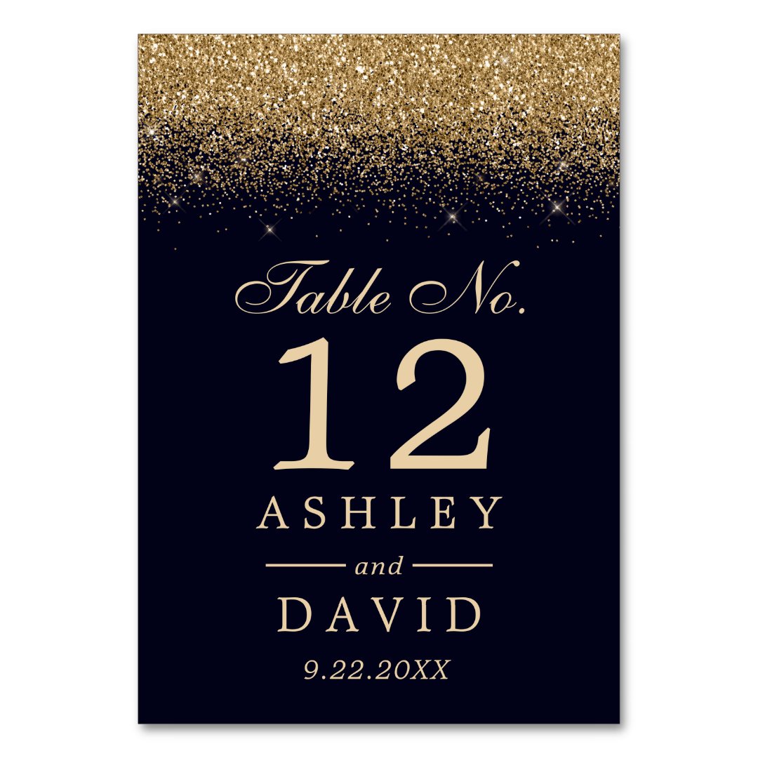 Gold Confetti Navy Blue Modern Wedding Table Number | Zazzle