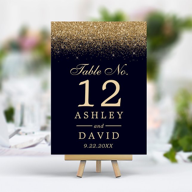 Gold Confetti Navy Blue Modern Wedding Table Number (Creator Uploaded)