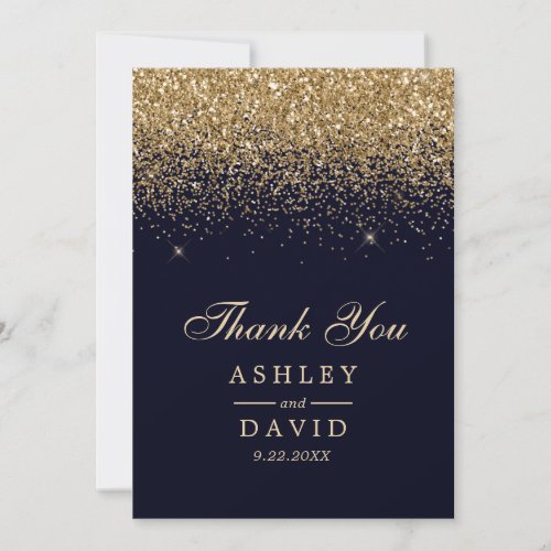 Gold Confetti Navy Blue Modern Wedding Thank You Card