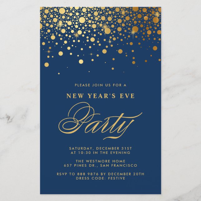 Gold Confetti Navy Blue New Year's Eve Invitation (Front)