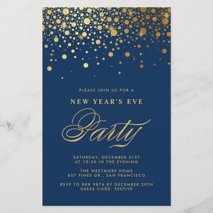 Gold Confetti Navy Blue New Year's Eve Invitation | Zazzle