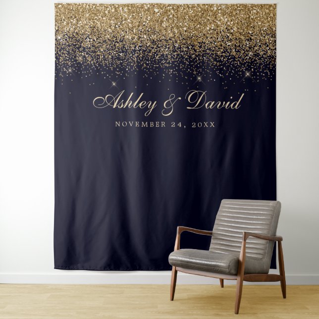 Gold Confetti Navy Blue Photo Booth Backdrop (In Situ)