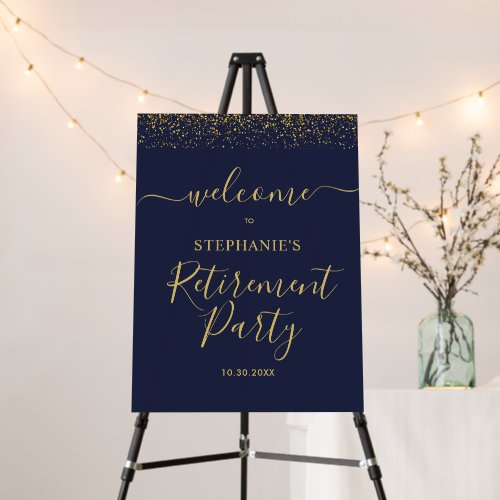 Gold Confetti Navy Blue Retirement Party Welcome