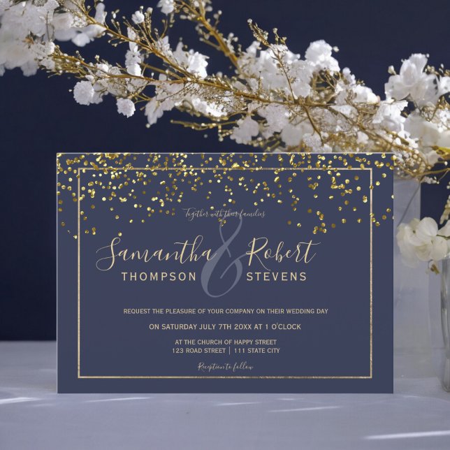 Gold confetti navy blue script chic modern wedding invitation (Gold confetti navy blue script chic modern wedding invitation)