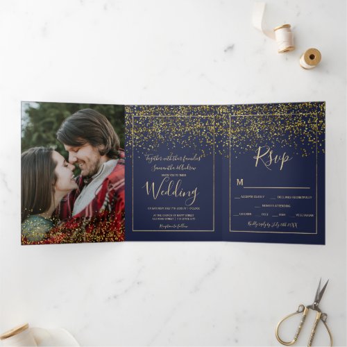 gold confetti  navy blue typography photo wedding Tri_Fold invitation