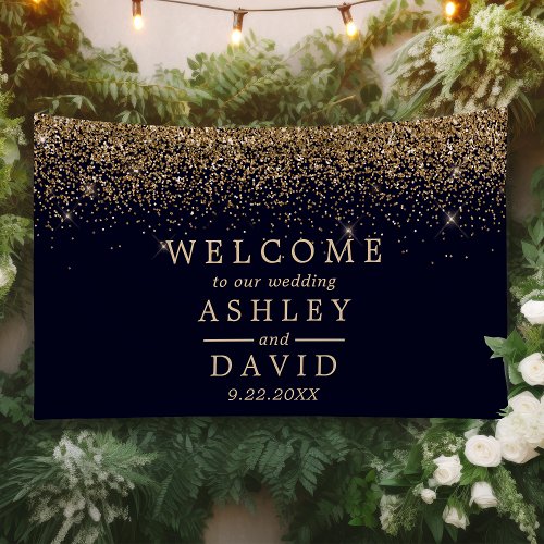 Gold Confetti Navy Blue Wedding Welcome Banner