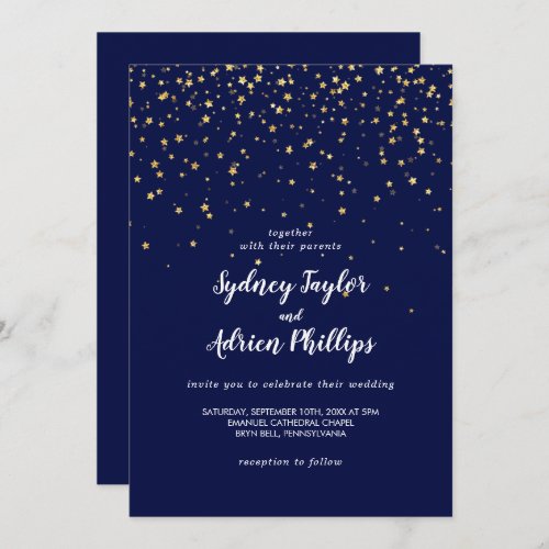 Gold Confetti  Navy Casual Wedding Invitation