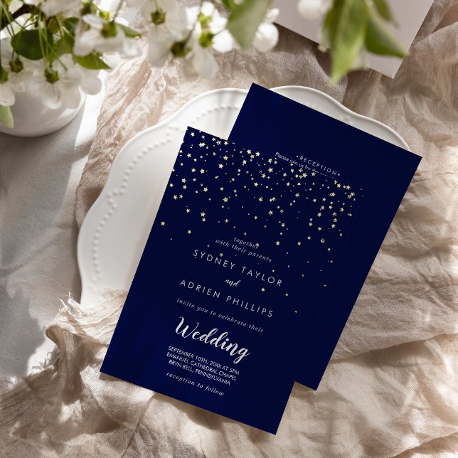 Gold Confetti|Navy Front and Back Wedding Gold Foil Invitation (Creator Uploaded)