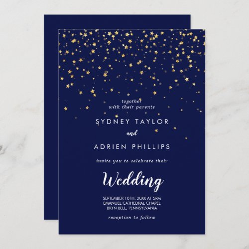 Gold Confetti  Navy Front and Back Wedding Invitation