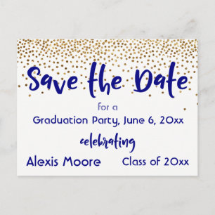 Gold Confetti Navy Graduation Party Save the Date Announcement Postcard