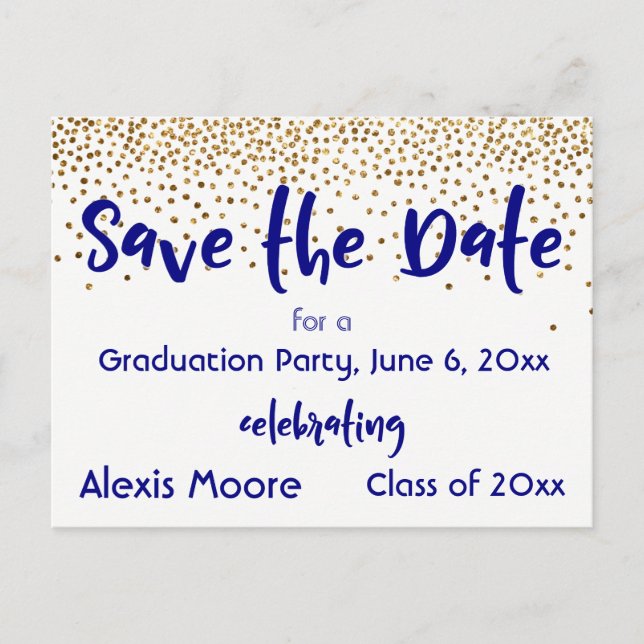 Gold Confetti Navy Graduation Party Save the Date Announcement Postcard (Front)