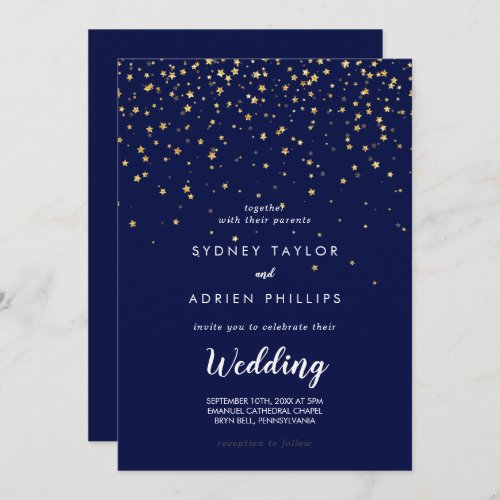 Gold Confetti  Navy Informal Wedding Invitation