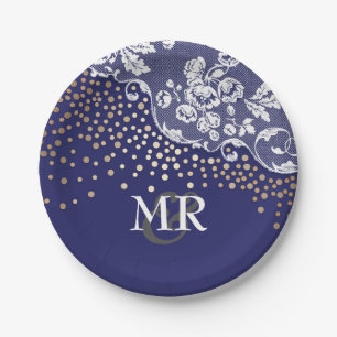 Gold Confetti Navy Lace Wedding Monogram Paper Plates