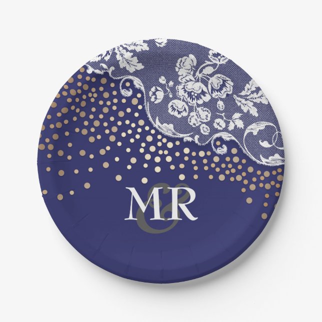 Gold Confetti Navy Lace Wedding Monogram Paper Plates (Front)