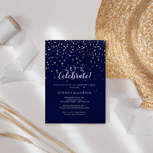 Gold ConfettiNavy Lets Celebrate Party Gold Foil Invitation