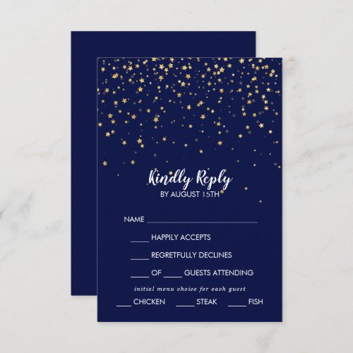 Gold Confetti  Navy Menu Choice Wedding RSVP Card