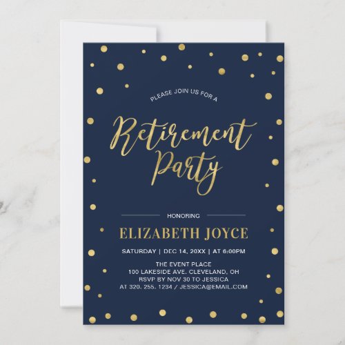 Gold Confetti  Navy  Modern Retirement Party Invitation