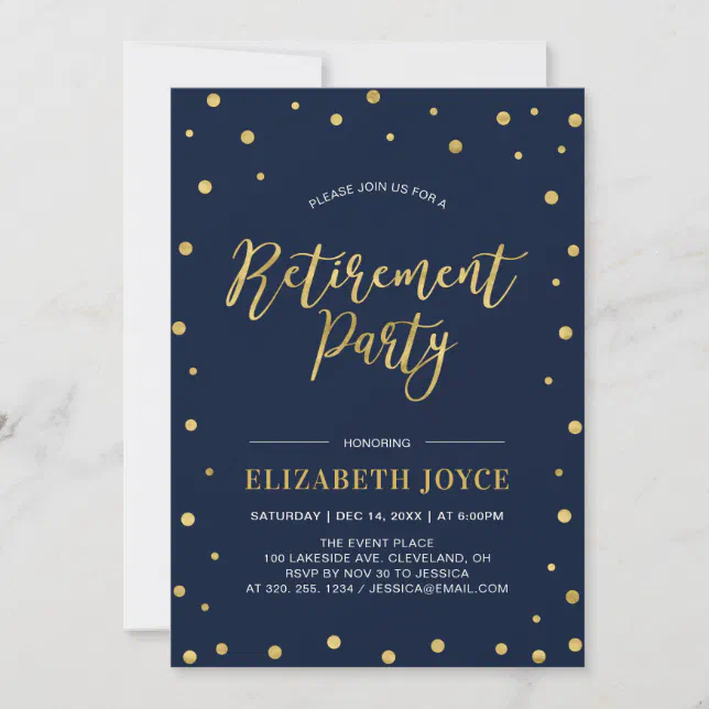 Gold Confetti & Navy | Modern Retirement Party Invitation | Zazzle