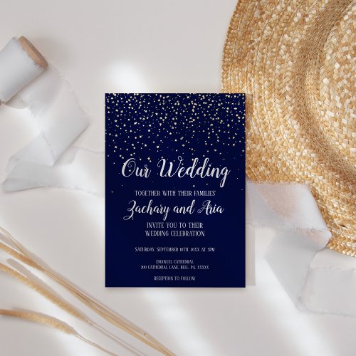 Gold ConfettiNavy Our Wedding Foil Invitation
