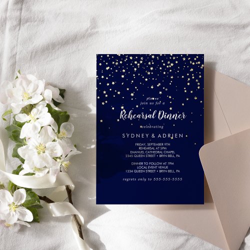 Gold ConfettiNavy Rehearsal Dinner Gold Foil Invitation