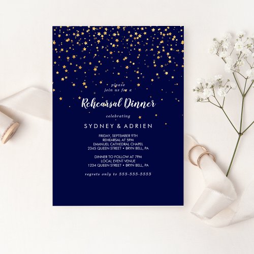 Gold Confetti  Navy Rehearsal Dinner  Invitation