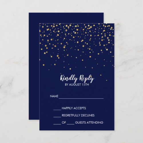 Gold Confetti  Navy Simple Wedding RSVP Card