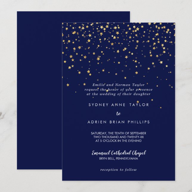 Gold Confetti | Navy Traditional Wedding Invitation (Front/Back)