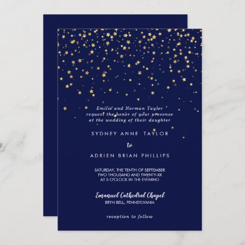 Gold Confetti  Navy Traditional Wedding Invitation