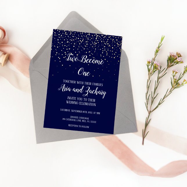 Gold Confetti|Navy Two Become One Wedding Foil Invitation (Creator Uploaded)