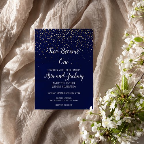 Gold ConfettiNavy Two Become One Wedding Invitation