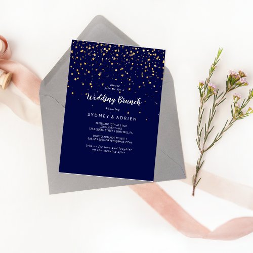 Gold Confetti  Navy Wedding Brunch Invitation