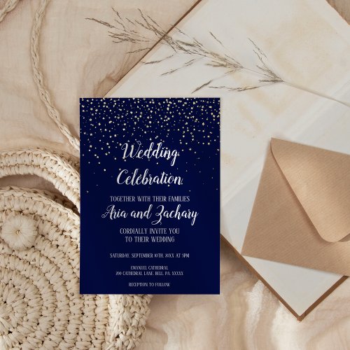 Gold ConfettiNavy Wedding Celebration  Foil Invitation