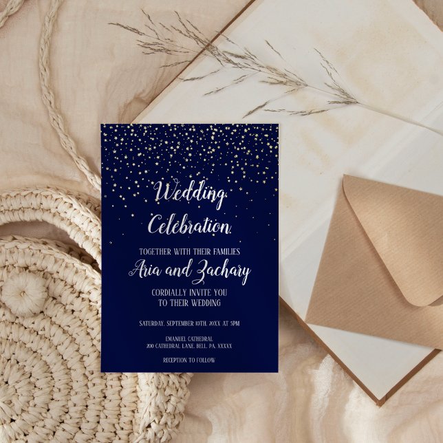 Gold Confetti|Navy Wedding Celebration  Foil Invitation (Creator Uploaded)