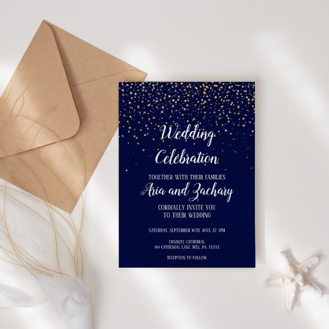 Gold Confetti|Navy Wedding Celebration  Invitation (Creator Uploaded)