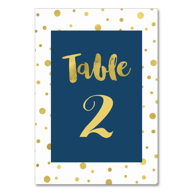 Gold Confetti Navy Wedding Table Number Cards (Front)