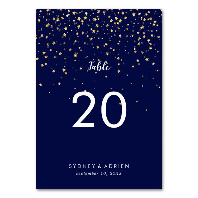 Gold Confetti | Navy Wedding Table Numbers (Front)
