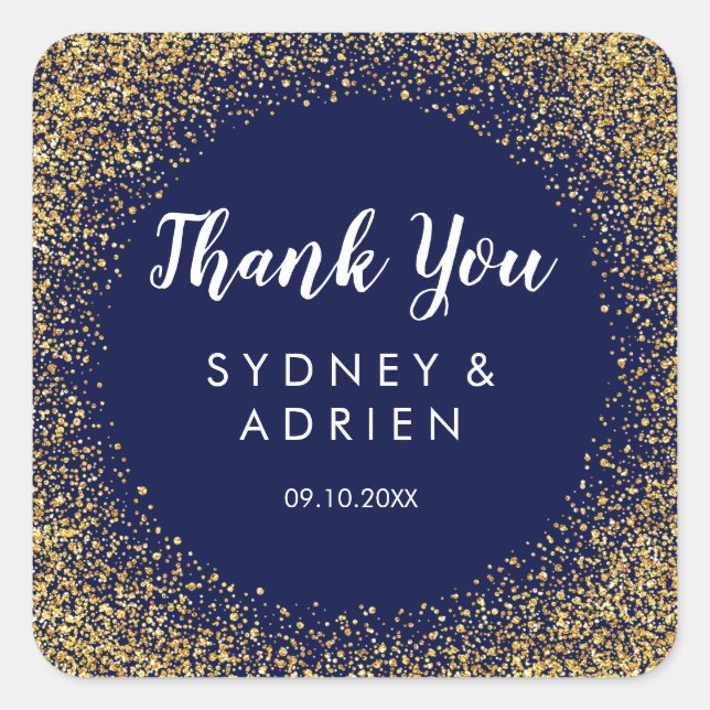 Gold Confetti | Navy Wedding Thank You Favor Square Sticker (Front)
