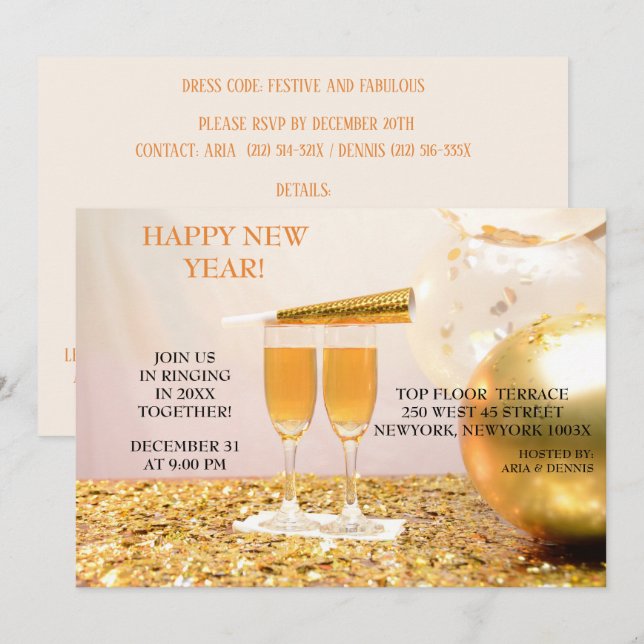 Gold Confetti  New Year  Champagne Flutes Invitation (Front/Back)