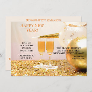 Gold Confetti  New Year  Champagne Flutes Invitation