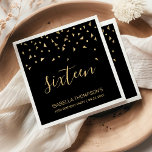 Gold Confetti on Black 16th Birthday Party Napkins<br><div class="desc">Help them celebrate their 16th birthday in style with this simple but elegant design, featuring faux gold triangular confetti sifting down on the word "eighteen" in stylish gold handwriting font on a black background. Personalize it with the name of the honoree in gold sans serif font, along with the occasion...</div>
