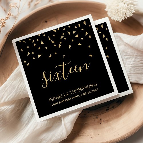 Gold Confetti on Black 16th Birthday Party Napkins
