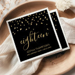 Gold Confetti on Black 18th Birthday Party Napkins<br><div class="desc">Help them celebrate their 18th birthday in style with this simple but elegant design, featuring faux gold triangular confetti sifting down on the word "eighteen" in stylish gold handwriting font on a black background. Personalize it with the name of the honoree in gold sans serif font, along with the occasion...</div>